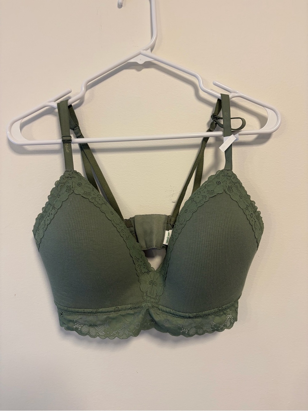 Aerie Wireless Bra 34DD Ribbed Lightly Lined Green Lace Organic Cotton Blend NWT